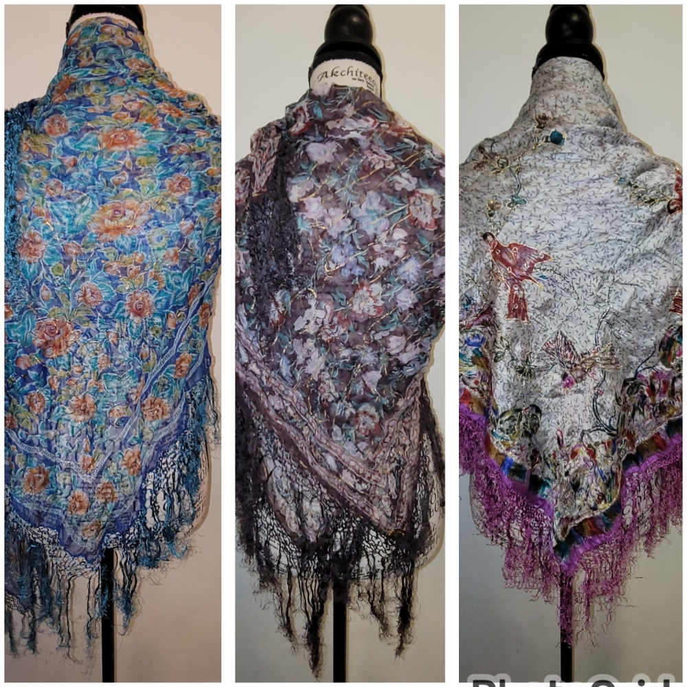 COLORFUL SILK Scarf Shawl Wrap Floral Fringe Sam Hilu‎ Vintage Lot 3 Beautiful!!